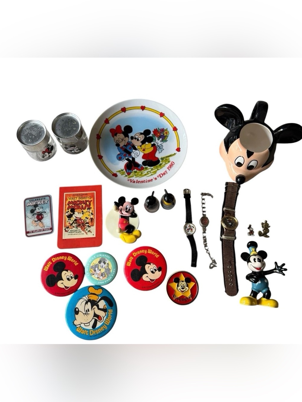 Vintage Disney Mickey Mouse Lot Schmid Plate Applause Mug Watches WDW Buttons